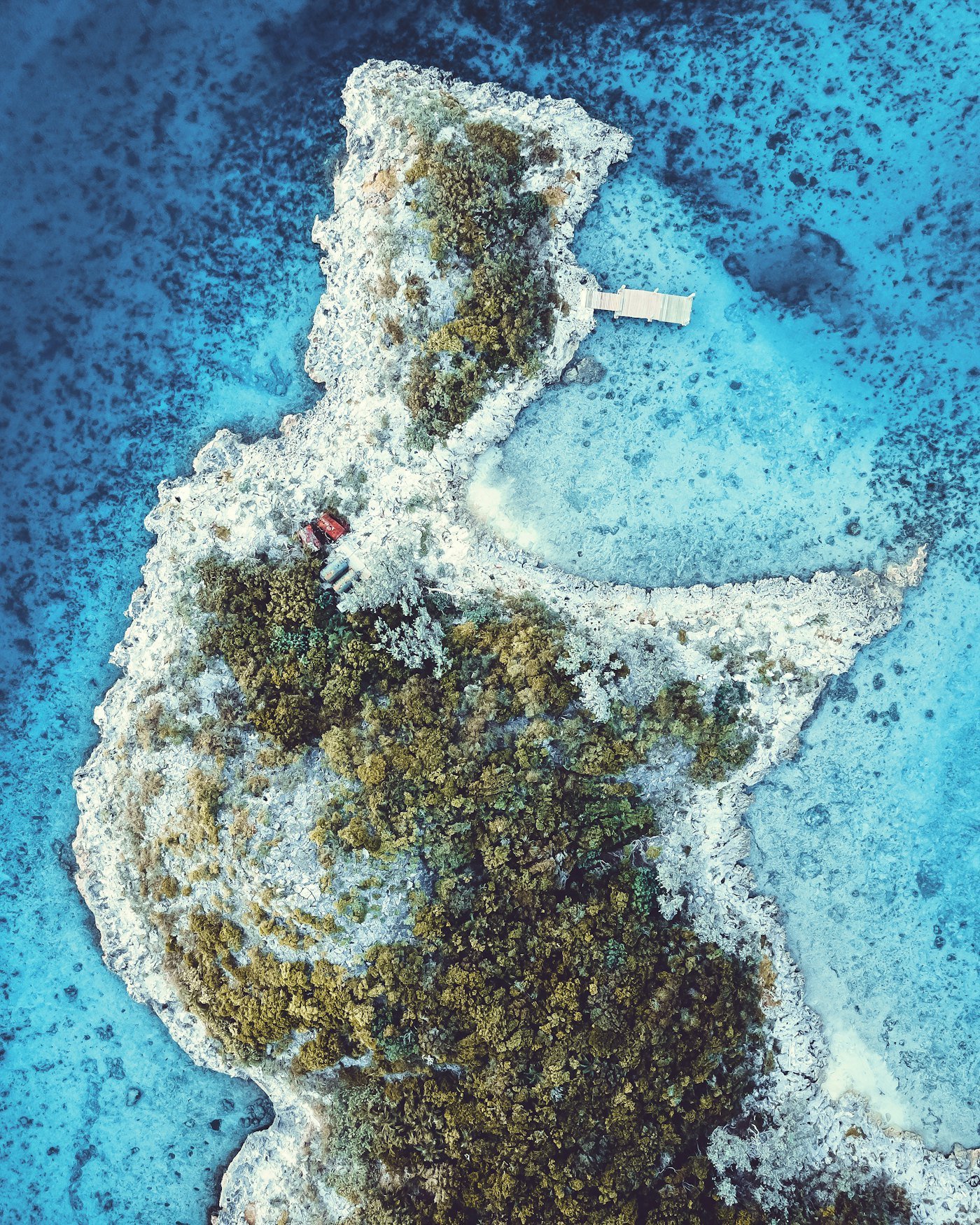 Aerial view of a small island ringed by reef