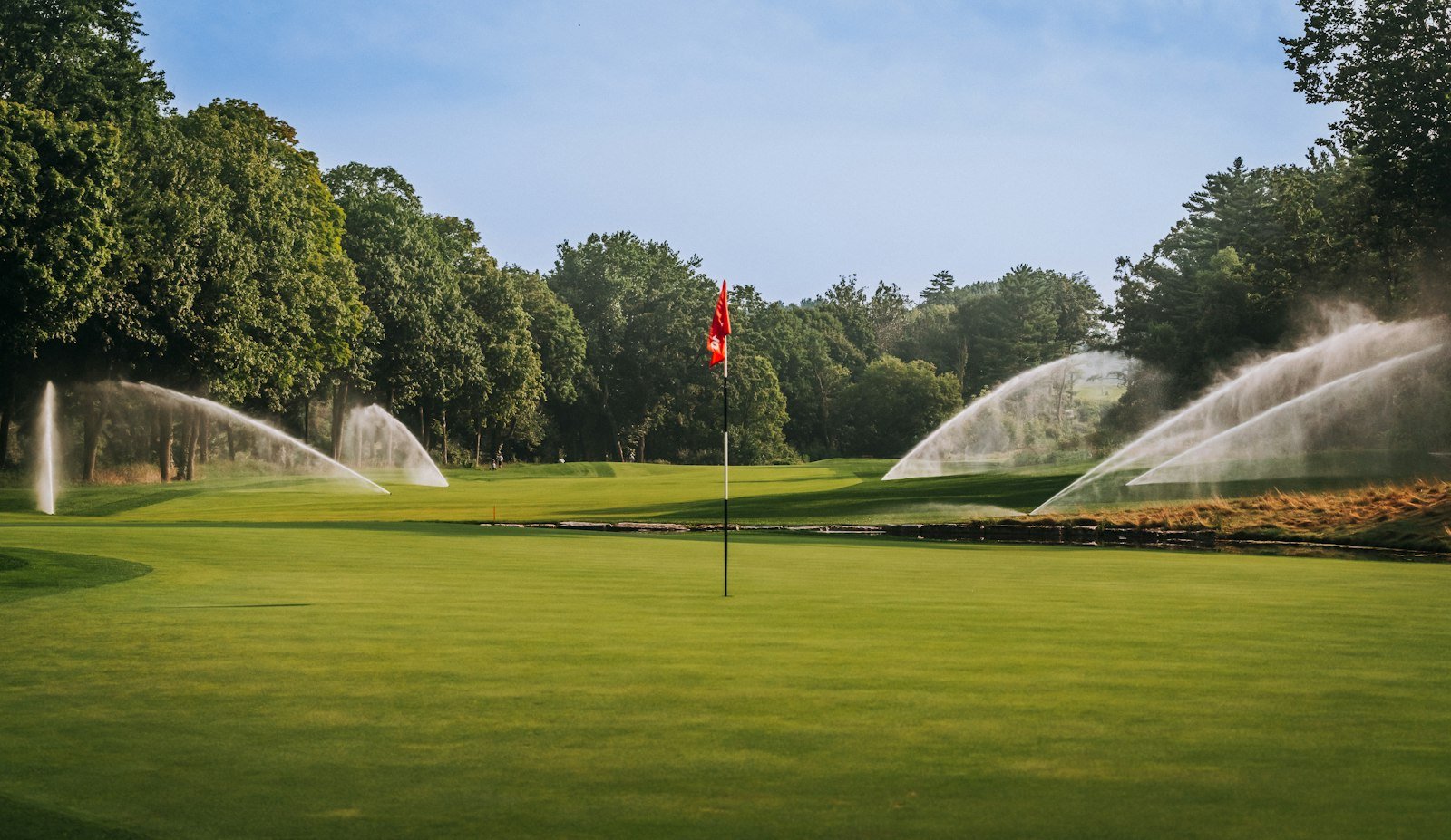 Sprinklers watering a golf course green